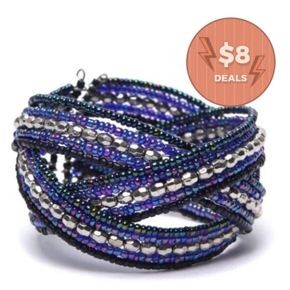 Beaded Wide Memory Wire Bracelet 3 Bands Jewels Gems Metallic Purple Blue Silver - Picture 1 of 8